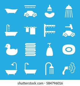 shower icons set. Set of 16 shower filled icons such as shower, duck, soap, towels, cloth hanging, car wash, irrigation system