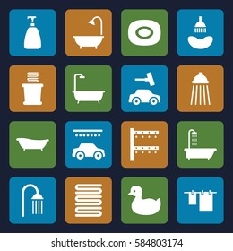 shower icons set. Set of 16 shower filled icons such as shower, duck, soap, towels, cloth hanging, car wash, irrigation system
