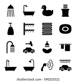 shower icons set. Set of 16 shower filled icons such as shower, duck, soap, towels, cloth hanging, car wash