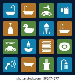 shower icons set. Set of 16 shower filled icons such as shower, duck, soap, towels, cloth hanging, car wash