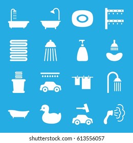 Shower icons set. set of 16 shower filled icons such as shower, duck, soap, towels, cloth hanging, car wash, irrigation system
