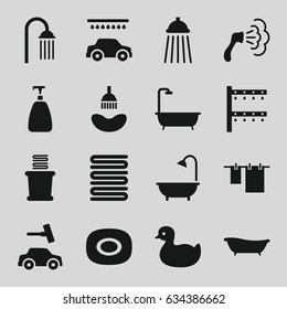 Shower icons set. set of 16 shower filled icons such as duck, soap, shower, towels, cloth hanging, car wash, irrigation system