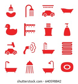 Shower icons set. set of 16 shower filled icons such as shower, duck, soap, towels, car wash, irrigation system