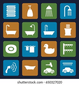 Shower icons set. set of 16 shower filled icons such as shower, duck, soap, towels, cloth hanging, car wash, irrigation system