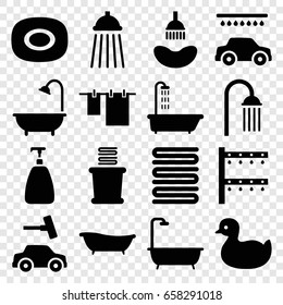 Shower icons set. set of 16 shower filled icons such as shower, duck, soap, towels, cloth hanging, car wash, irrigation system