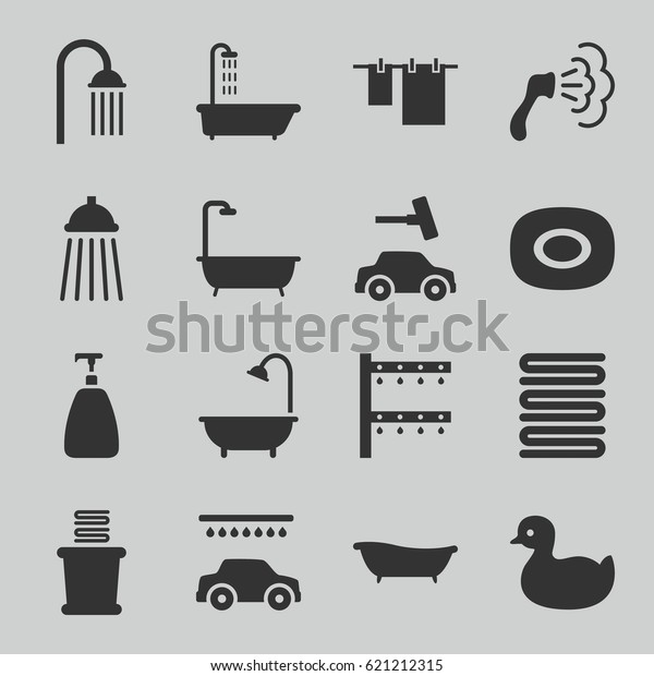 Shower icons set. set of 16 shower filled icons\
such as shower, duck, soap, towels, cloth hanging, car wash,\
irrigation system