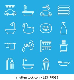 Shower icons set. set of 16 shower outline icons such as shower, duck, soap, towels, cloth hanging, car wash, irrigation system