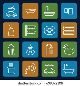 Shower icons set. set of 16 shower outline icons such as shower, duck, soap, towels, cloth hanging, car wash, irrigation system