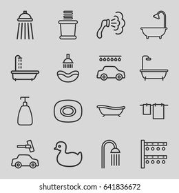 Shower icons set. set of 16 shower outline icons such as shower, duck, soap, cloth hanging, car wash, towels, irrigation system