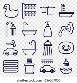 Shower icons set. set of 16 shower outline icons such as shower, duck, soap, towels, cloth hanging, car wash