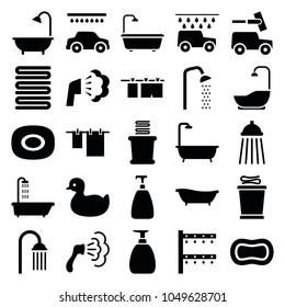 Shower icons. set of 25 editable filled shower icons such as shower, duck, soap, towels, cloth hanging, car wash, irrigation system