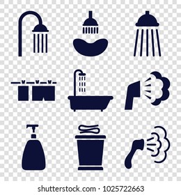 Shower icons. set of 9 editable filled shower icons such as shower, soap, cloth hanging