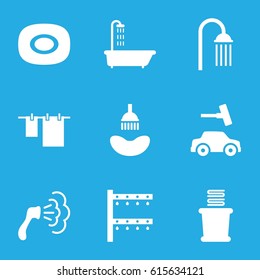 Shower icons set. set of 9 shower filled icons such as shower, soap, cloth hanging, car wash, towels