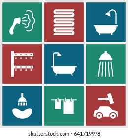 Shower icons set. set of 9 shower filled icons such as shower, towels, cloth hanging, car wash