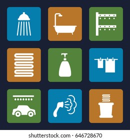 Shower icons set. set of 9 shower filled icons such as soap, towels, shower, cloth hanging, car wash