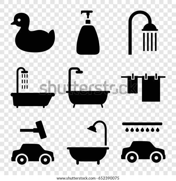 Shower icons set. set of 9 shower filled\
icons such as shower, duck, soap, cloth\
hanging