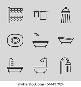 Shower icons set. set of 9 shower outline icons such as shower, soap, cloth hanging, irrigation system