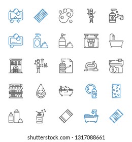 shower icons set. Collection of shower with beach towel, bathtub, soap, foam, washing, water, motel, mortgage, real estate, hotel, antiseptic. Editable and scalable shower icons.