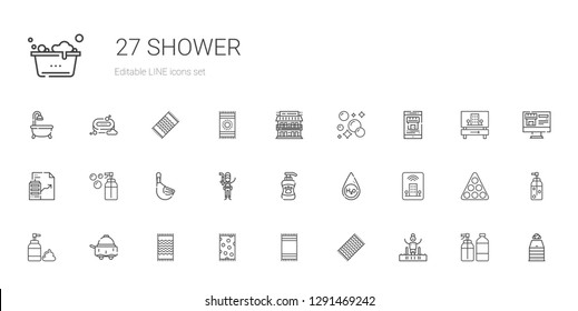 shower icons set. Collection of shower with pool, beach towel, room service, foam, hotel, water, shampoo, plumber, duck, soap, real estate. Editable and scalable shower icons.