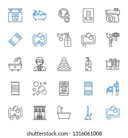 shower icons set. Collection of shower with soap, plunger, bathtub, hotel, water, beach towel, real estate, pool, doorman, mortgage, washing. Editable and scalable shower icons.
