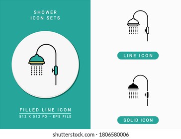 Shower icons set vector illustration with icon line style. Water spray bathroom concept. Editable stroke icon on isolated white background for web design, user interface, and mobile application
