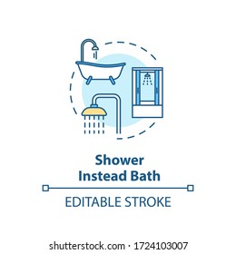 Shower instead bath concept icon. Efficient water consumption. Personal hygiene. Resource saving idea thin line illustration. Vector isolated outline RGB color drawing. Editable stroke