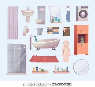 Artículos de ducha. Colección de herramientas para el baño interior equipo exacto de higiene vectorial en estilo de dibujos animados
