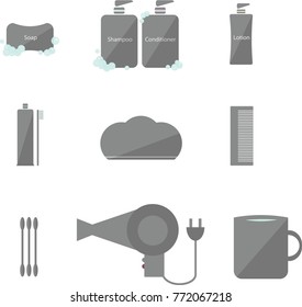 Shower Kits Icon Set. Bathroom And Toilet Objects Vector. Soap, Shampoo, Lotion, Comb, Shower Cap, Cotton Buds, Hair Dryer, Cup, Toothpaste And Toothbrush Icons.