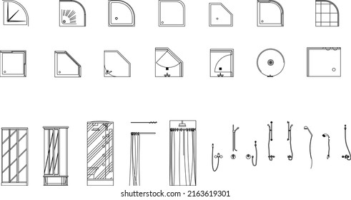 Shower Line icon set isolated on white background. Outline bathroom symbols for website design, mobile application, ui. Collection of shower pictogram. Vector illustration, editable stroke. Eps 10
