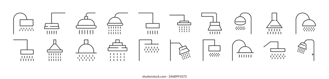 Juego de iconos de línea de ducha. Adecuado para libros, tiendas, tiendas. Trazo editable en estilo de contorno minimalista. Símbolo de diseño