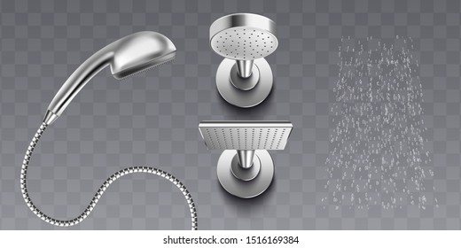 Shower metal head with a hose pipe and wall hanging 3d vector illustrations set isolated on transparent background. Chrome shower in 3 positions with water drops stream.