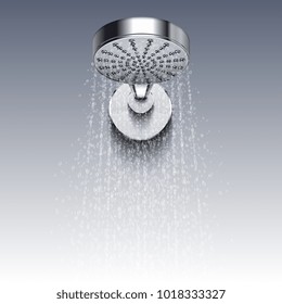 Shower metal head with trickles of water vector illustration isolated on white background. Shower for bathroom, water hygiene