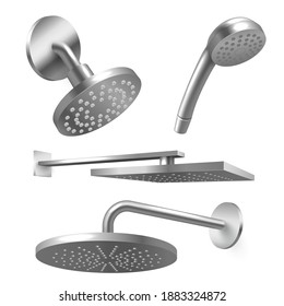 Shower metal heads, showerhead, rain massage bath equipment. Bathing and showering care tool. Vector realistic style illustration