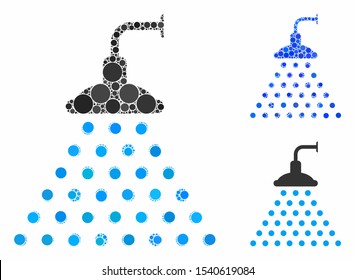 Shower mosaic of filled circles in variable sizes and color hues, based on shower icon. Vector filled circles are combined into blue illustration. Dotted shower icon in usual and blue versions.