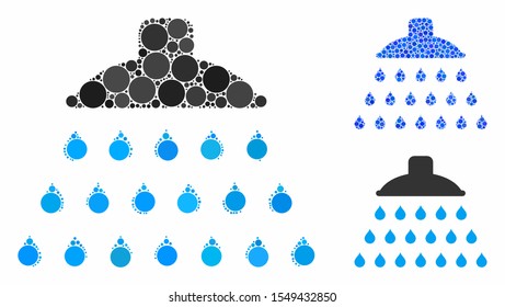 Shower mosaic of round dots in different sizes and shades, based on shower icon. Vector round elements are organized into blue mosaic. Dotted shower icon in usual and blue versions.