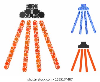 Shower mosaic of round dots in various sizes and color tones, based on shower icon. Vector round dots are grouped into blue mosaic. Dotted shower icon in usual and blue versions.