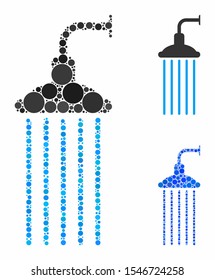 Shower mosaic of spheric dots in different sizes and color tones, based on shower icon. Vector round dots are grouped into blue mosaic. Dotted shower icon in usual and blue versions.