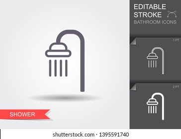 Shower. Outline icon with editable stroke. Linear symbol of the bathroom with shadow