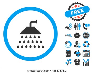 Shower pictograph with bonus images. Vector illustration style is flat iconic bicolor symbols, blue and gray colors, white background.