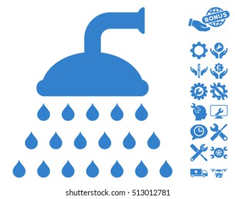 Shower pictograph with bonus setup tools design elements. Vector illustration style is flat iconic cobalt symbols on white background.