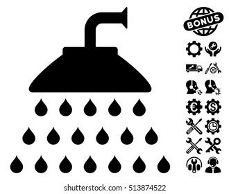 Shower pictograph with bonus setup tools design elements. Vector illustration style is flat iconic black symbols on white background.