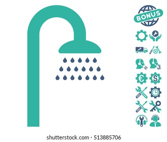 Shower pictograph with bonus setup tools pictures. Vector illustration style is flat iconic cobalt and cyan symbols on white background.