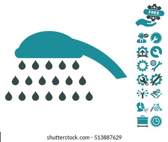 Shower pictograph with bonus setup tools pictures. Vector illustration style is flat iconic soft blue symbols on white background.