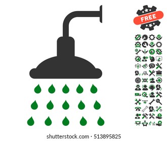 Shower pictograph with bonus setup tools pictograms. Vector illustration style is flat iconic green and gray symbols on white background.