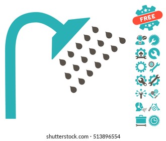 Shower pictograph with bonus setup tools graphic icons. Vector illustration style is flat iconic grey and cyan symbols on white background.