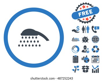 Shower pictograph with free bonus elements. Vector illustration style is flat iconic bicolor symbols, smooth blue colors, white background.