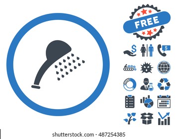 Shower pictograph with free bonus elements. Vector illustration style is flat iconic bicolor symbols, smooth blue colors, white background.