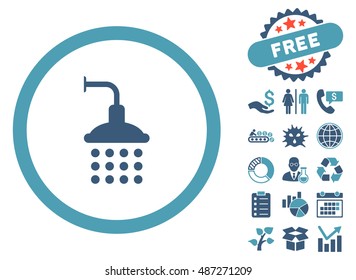 Shower pictograph with free bonus elements. Vector illustration style is flat iconic bicolor symbols, cyan and blue colors, white background.