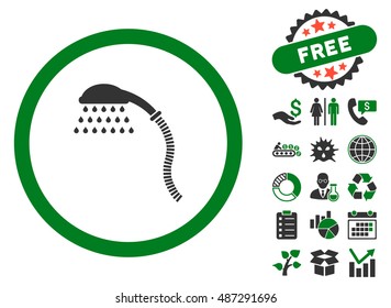 Shower pictograph with free bonus elements. Vector illustration style is flat iconic bicolor symbols, green and gray colors, white background.