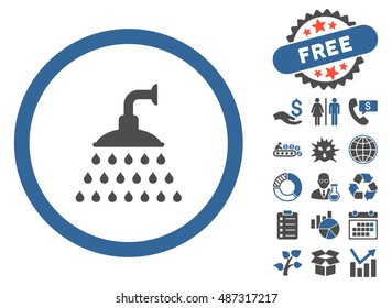 Shower pictograph with free bonus elements. Vector illustration style is flat iconic bicolor symbols, cobalt and gray colors, white background.